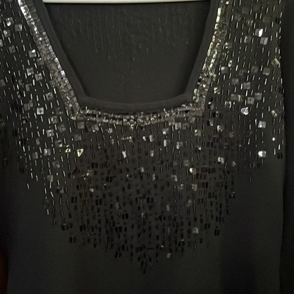 •MAGASHONI•100% BLACK CASHMERE SQUARE NECK W/BLACK SEQUINS LONG SLEEVE SWEATER - Picture 6 of 8